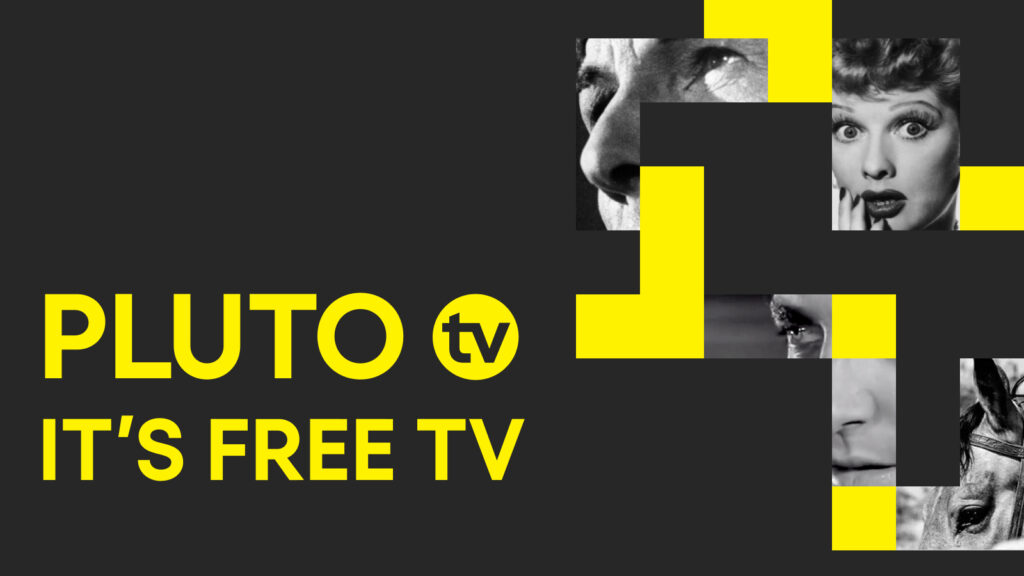 Pluto TV cover image with bold yellow logo and “It’s Free TV” tagline on a dark background, alongside a modular grid of black and yellow blocks framing black-and-white character portraits.