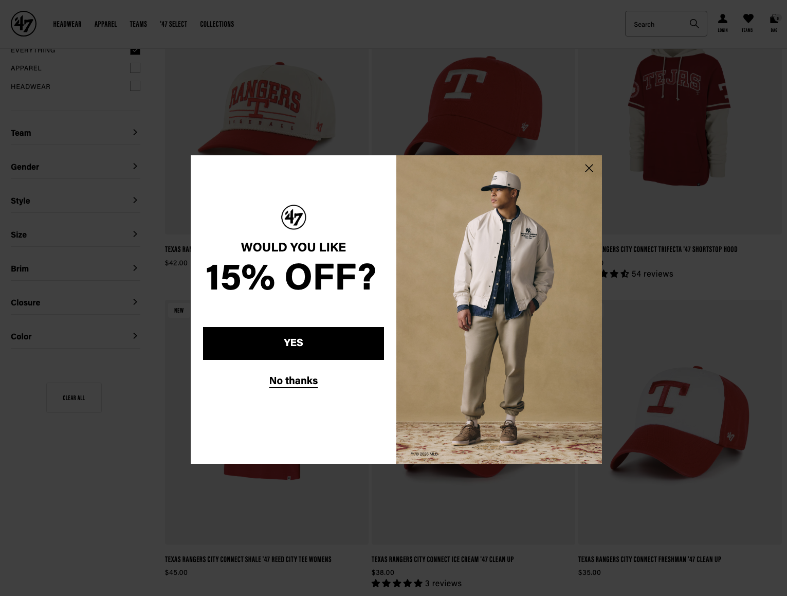 A ’47 ecommerce product page is dimmed by a large promotional popup asking, “Would you like 15% off?” with Yes and No thanks options.