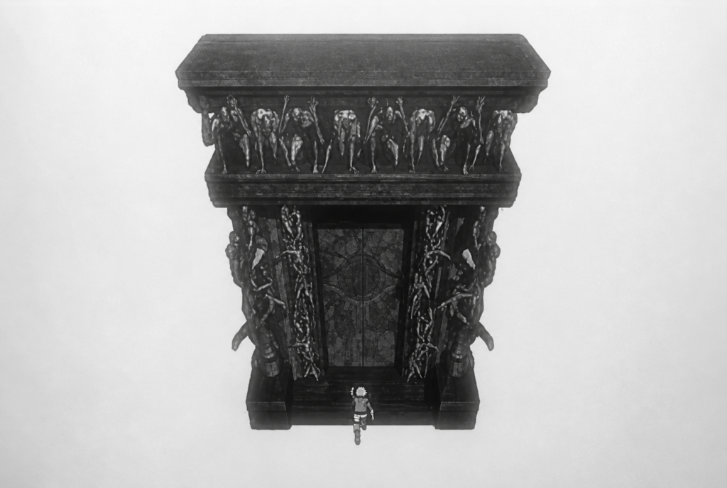 A grayscale image of Edward Elric standing in front of the massive Gate of Truth, an ornate dark structure with human-like figures carved into it, set against a blank white background.